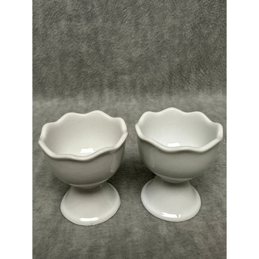 Pier 1 Egg Cup Set of 2 White Scalloped‎ Ceramic Pedestal Pair
